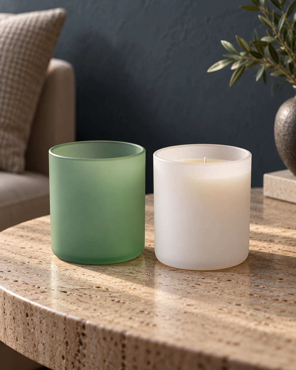 Colour candle jars in a styled setting