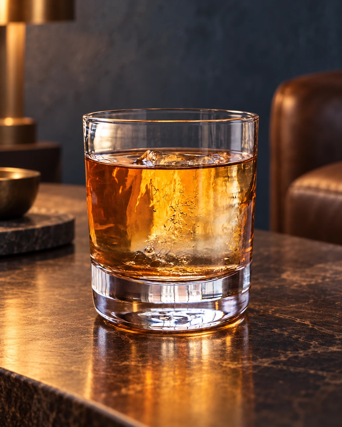 Low whisky tumbler in a styled setting