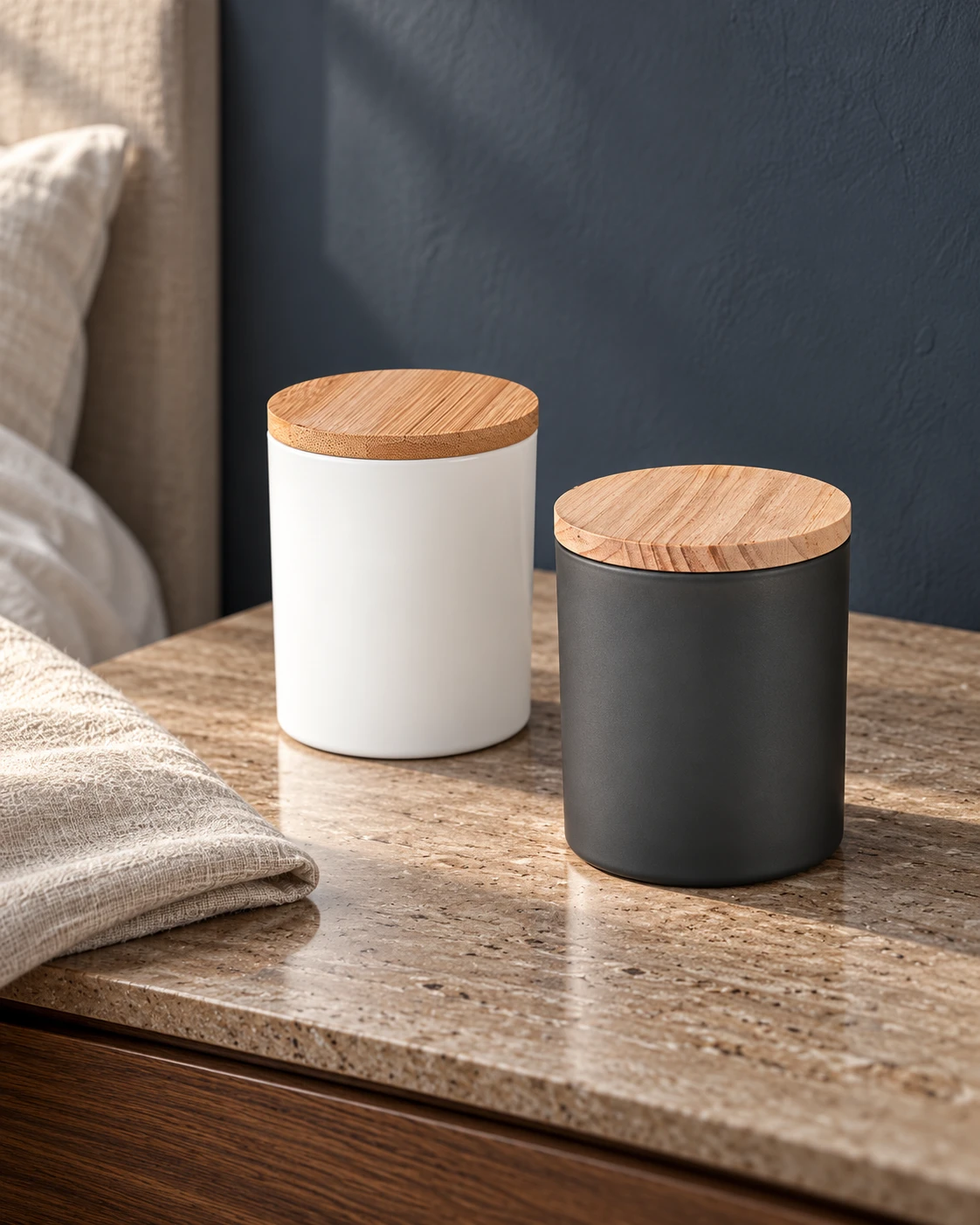 Wood-lid candle jars in a styled setting