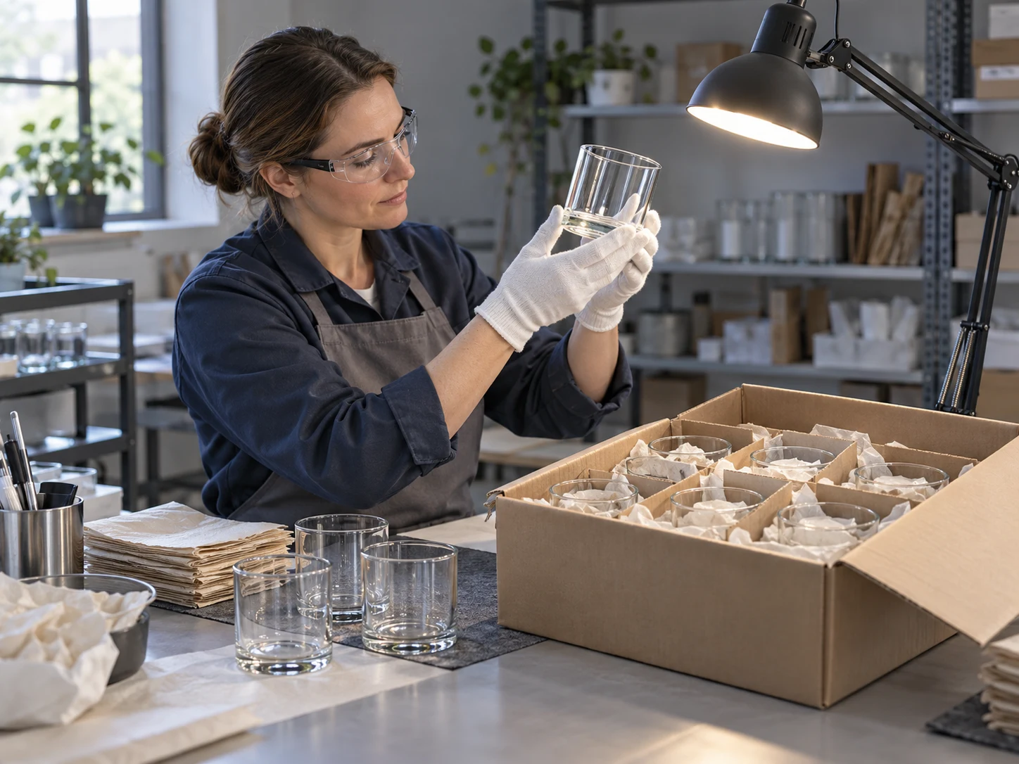 Illustrative glass inspection and protective packing bench
