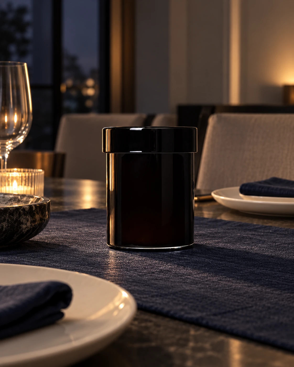 Black lidded vessel in Dining ritual