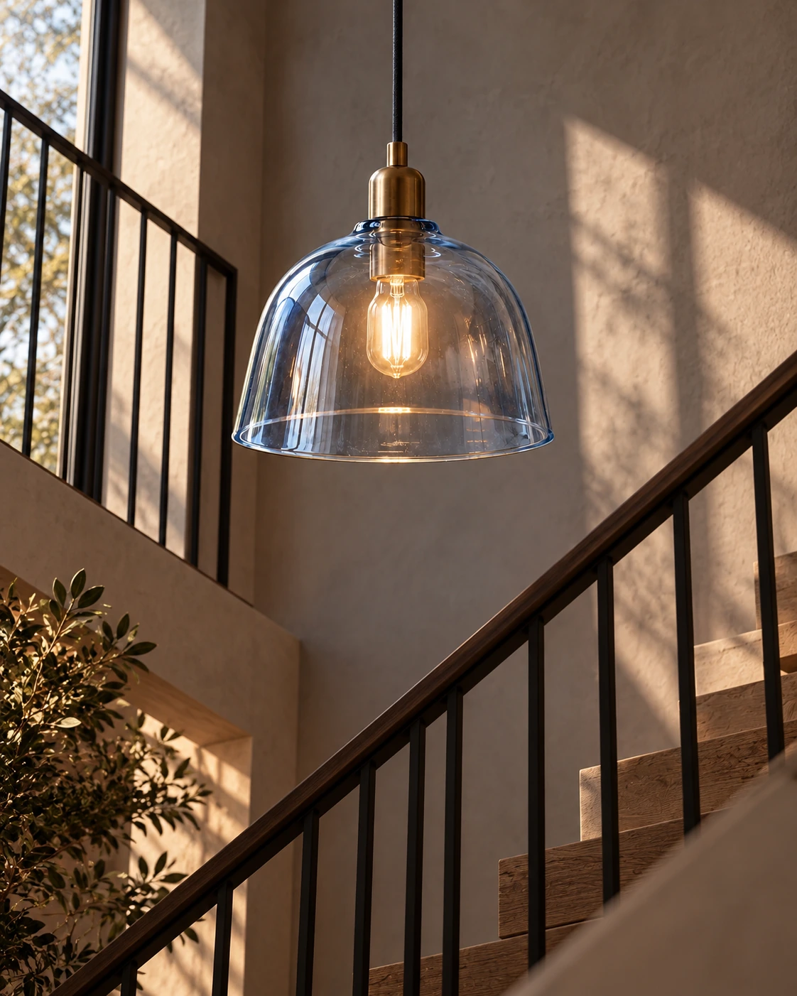 Blue dome shade in Stairwell installation