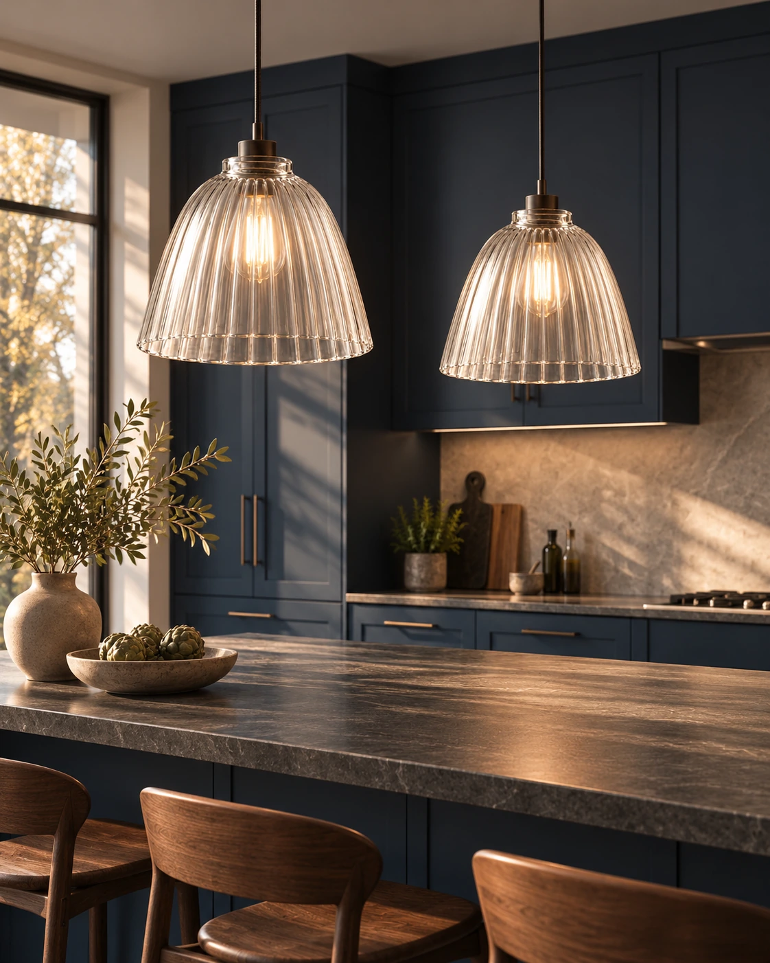 Fluted bell shade in Kitchen island