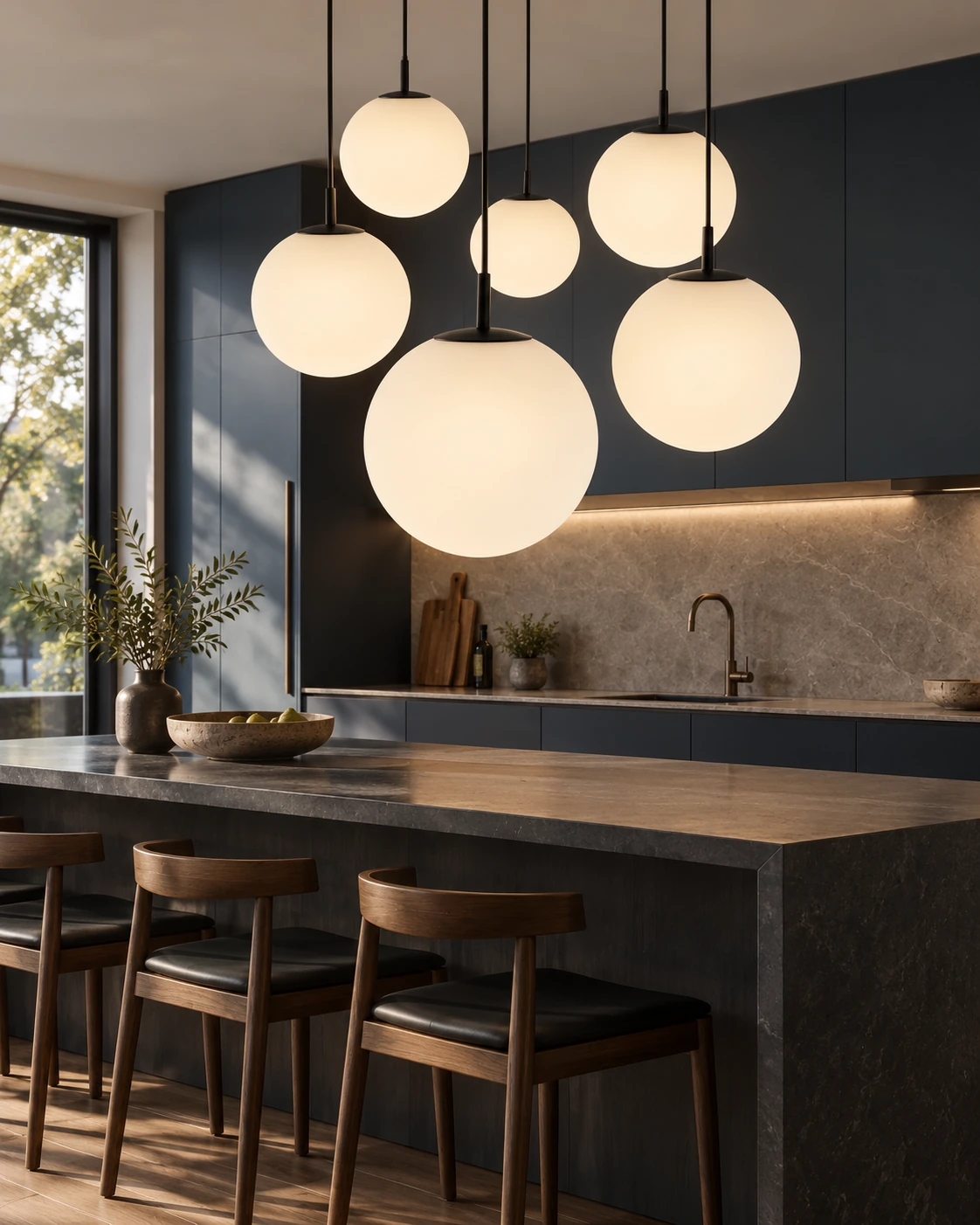 Frosted globe glass in Kitchen island