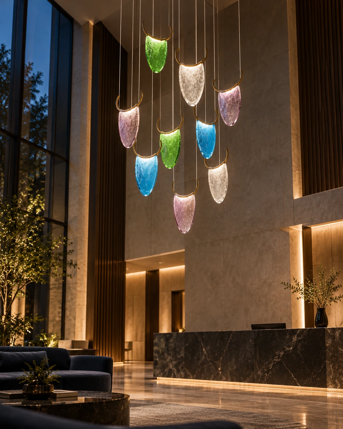 Glass leaf lighting in Hotel lobby