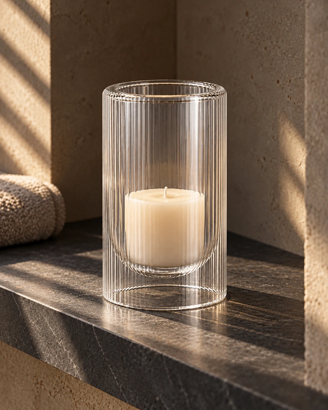 Ribbed glass votive in Spa alcove