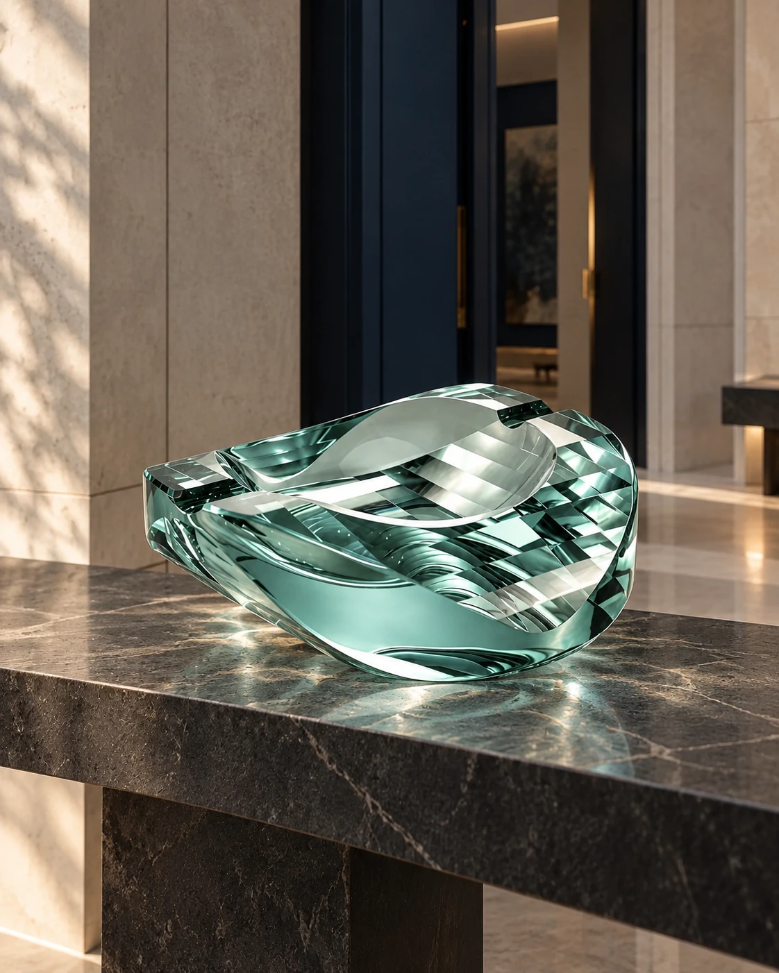 Sculptural glass bowl in Architectural entrance